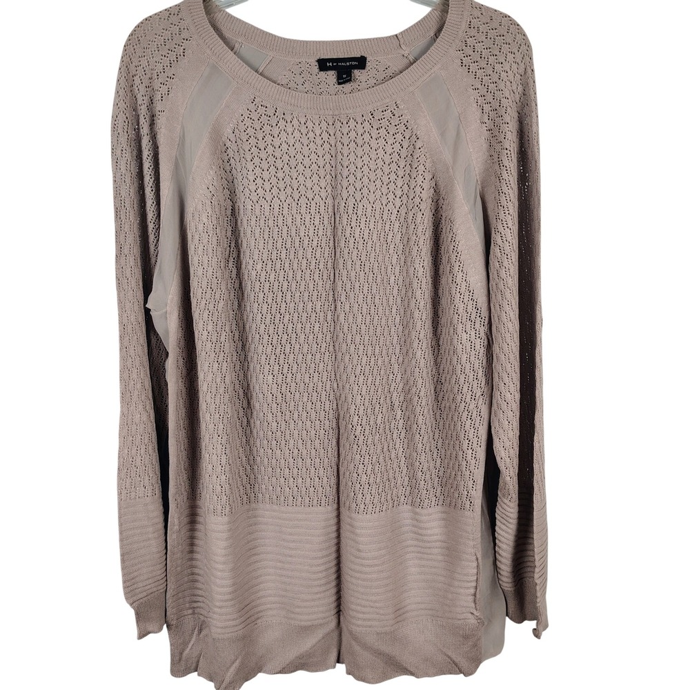 Halston Womens 1X Mixed Media Pointelle Knit Chiffon Top Taupe Coastal Grandma